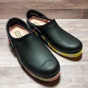 Hunter Womens Black Rubber Clogs With Multicolor Sole